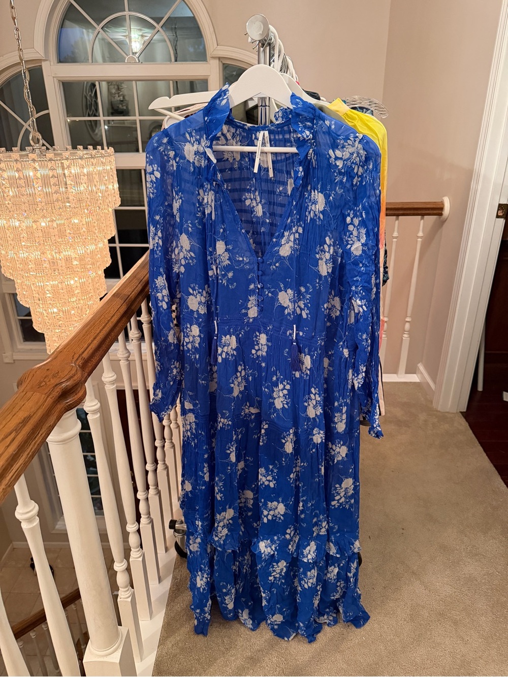 Anthropologie Royal Blue Floral Tassel-Tie Maxi Dress